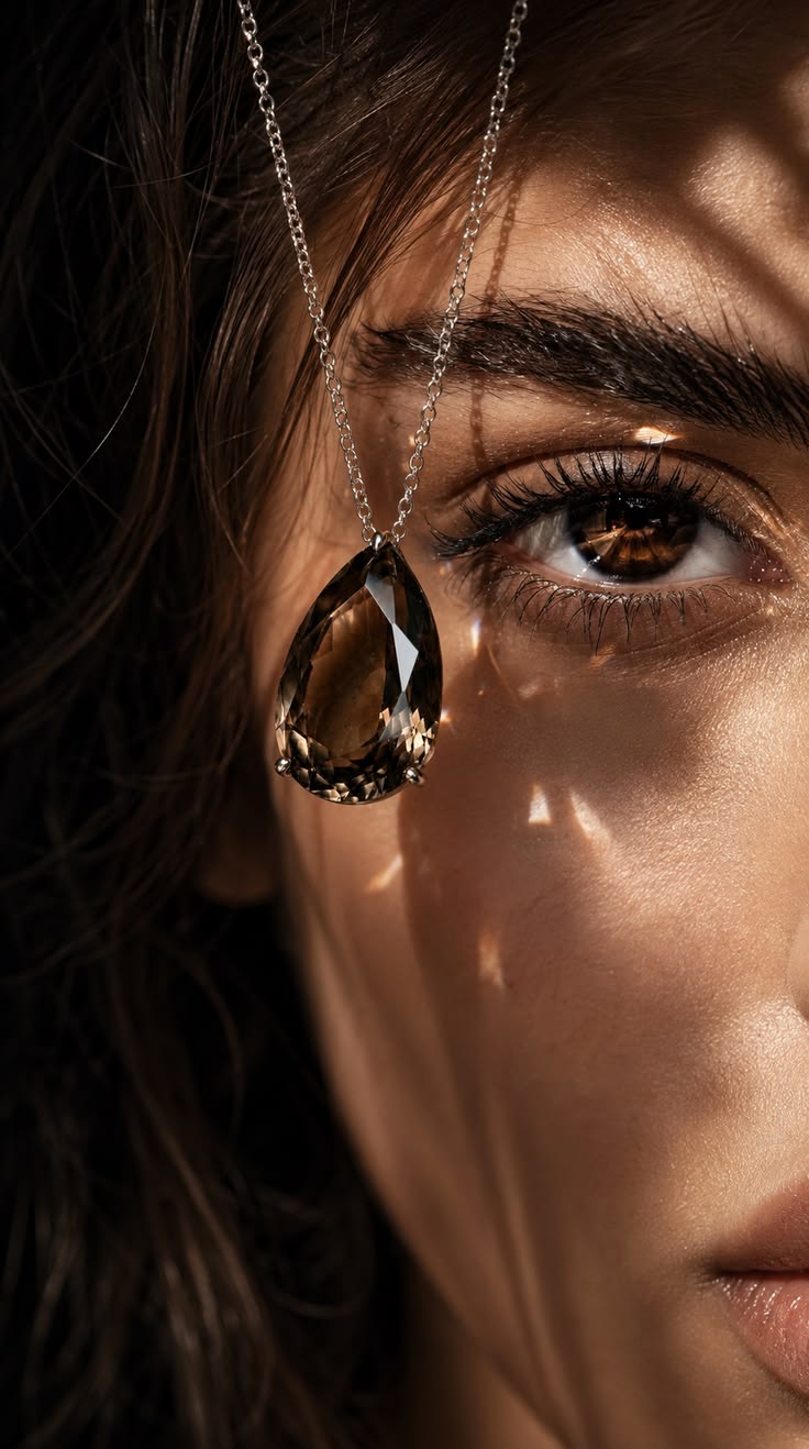 A faceted gemstone worn close to the skin, in warm light.