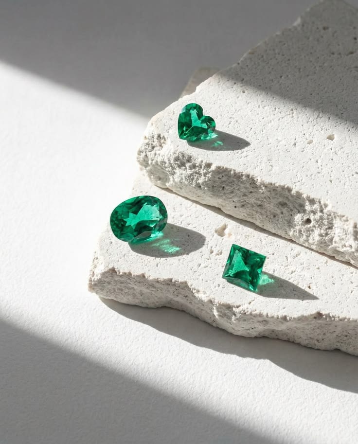 Three green faceted gemstones resting on pale stone.