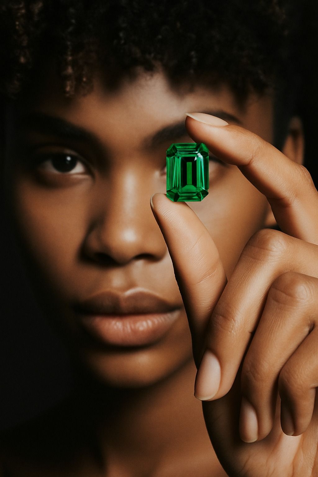 A person holding a green emerald-cut gemstone.