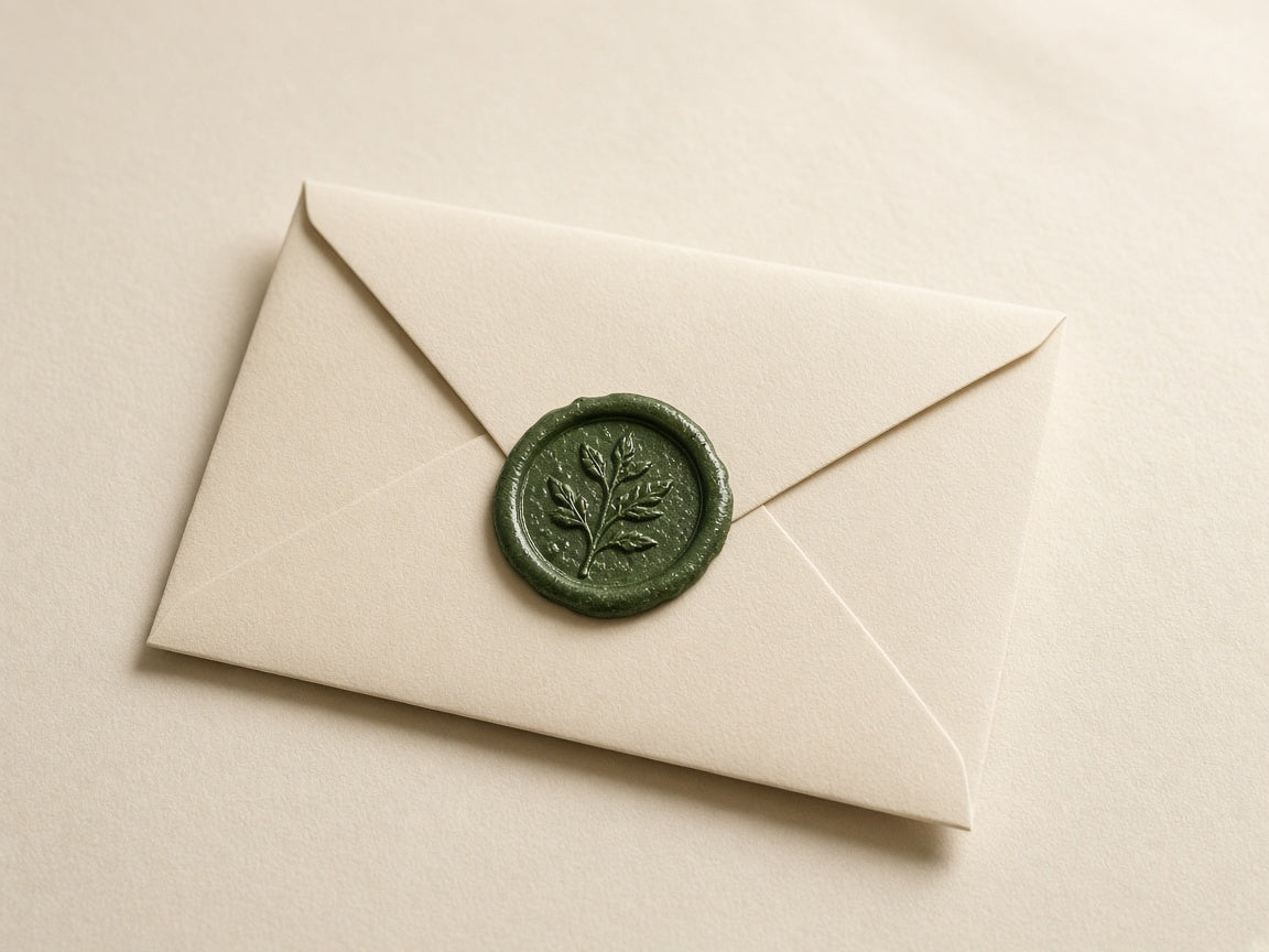 A cream envelope closed with a green wax seal.